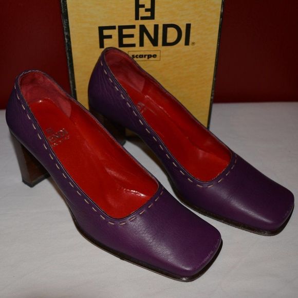 Fendi Vintage Purple Leather Block Heel Pumps – Square Toe - Picture 14 of 14